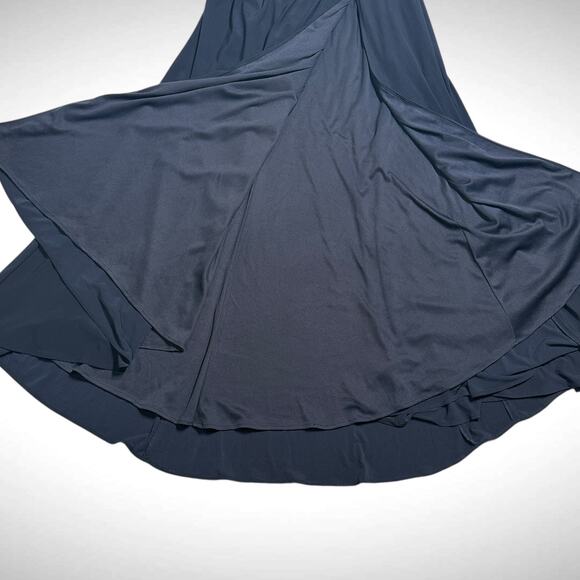 Mac Duggal Drop Shoulder Faux Wrap Navy Thigh Slit Jeweled Cuff Gown Dress Sz 4‎ - Picture 9 of 13